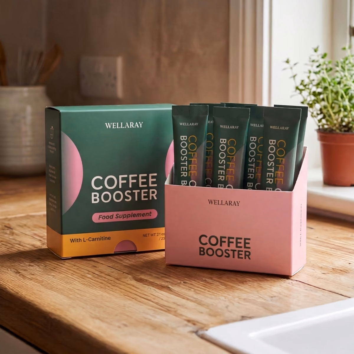 An opened Wellaray Coffee Booster box with its sachets laid out